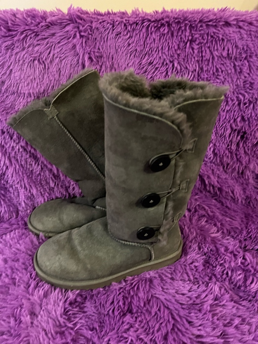 UGG Tall Button Shearling Boots - Charcoal Gray. See flaws.